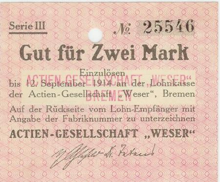 Bremen - AG Weser - - 12.9.1914 - 2 Mark 