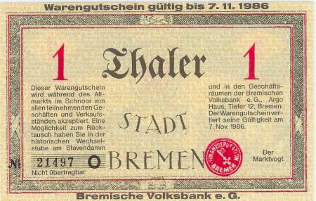 Bremen - Bremische Volksbank eG, Argo Haus, Tiefer 12 - - 7.11.1986 - 1 Thaler 