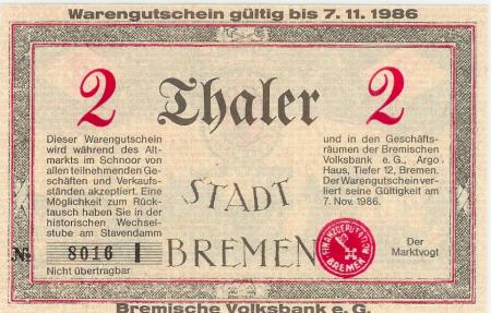 Bremen - Bremische Volksbank eG, Argo Haus, Tiefer 12 - - 7.11.1986 - 2 Thaler 