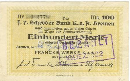 Bremen - Francke-Werke KaA - 29.9.1922 - 100 Mark 