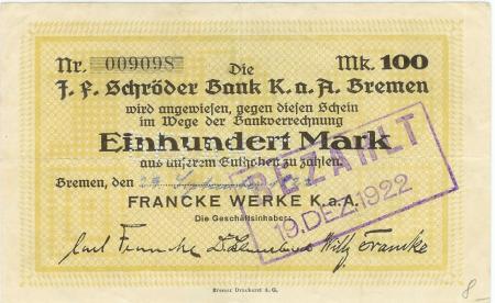 Bremen - Francke-Werke KaA - 29.9.1922 - 100 Mark 