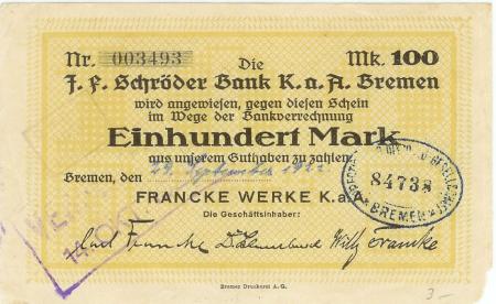 Bremen - Francke-Werke KaA - 29.9.1922 - 100 Mark 