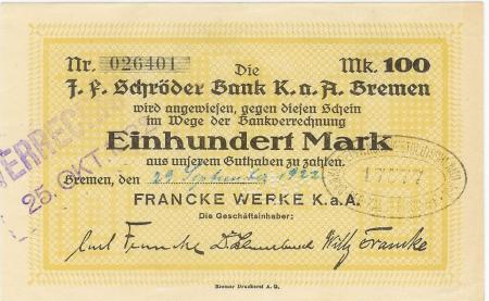 Bremen - Francke-Werke KaA - 29.9.1922 - 100 Mark 
