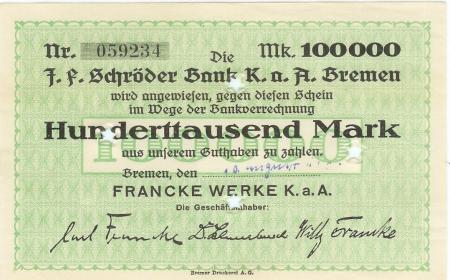 Bremen - Francke-Werke KaA - 10.8.1923 - 100000 Mark 