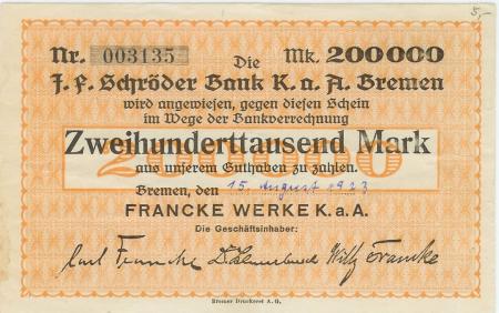 Bremen - Francke-Werke KaA - 15.8.1923 - 200000 Mark 