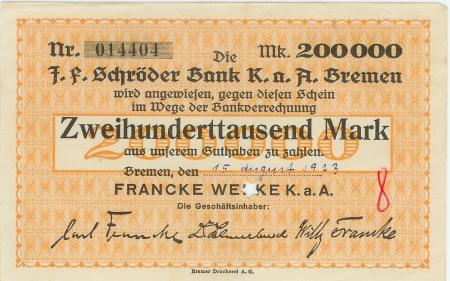 Bremen - Francke-Werke KaA - 15.8.1923 - 200000 Mark 
