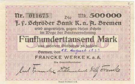 Bremen - Francke-Werke KaA - 15.8.1923 - 500000 Mark 