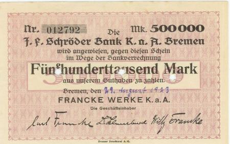 Bremen - Francke-Werke KaA - 29.8.1923 - 500000 Mark 