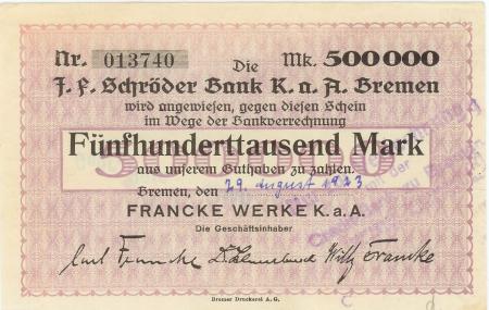 Bremen - Francke-Werke KaA - 29.8.1923 - 500000 Mark 