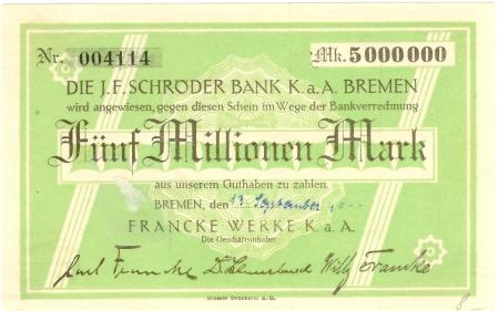 Bremen - Francke-Werke KaA - 13,9.1923 - 5 Millionen Mark 