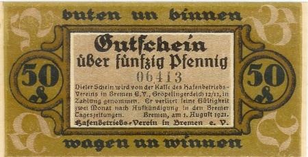 Bremen - Hafenbetriebsverein eV, Gröpelinger Deich 12/13 - 1.8.1921 - 50 Pfennig 