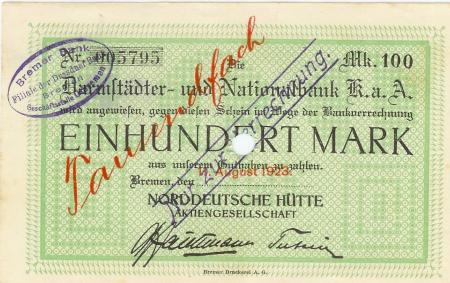 Bremen - Norddeutsche Hütte AG - 11.8.1923 - 100000 Mark 