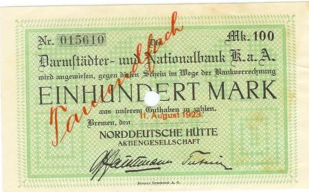 Bremen - Norddeutsche Hütte AG - 11.8.1923 - 100000 Mark 