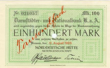 Bremen - Norddeutsche Hütte AG - 11.8.1923 - 100000 Mark 