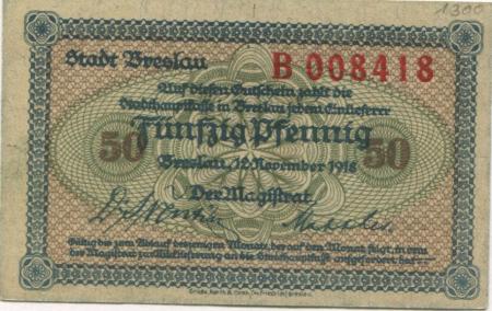 Breslau (heute: PL-Wroclaw) - Stadt - 12.11.1918 - 50 Pfennig 
