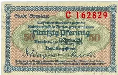 Breslau (heute: PL-Wroclaw) - Stadt - 12.11.1918 - 10.3.1919 - 50 Pfennig 