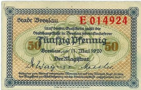 Breslau (heute: PL-Wroclaw) - Stadt - 11.5.1920 - 50 Pfennig 