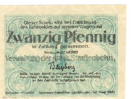 Breslau (heute: PL-Wroclaw) - Städtische Straßenbahn - 12.7.1920 - 20 Pfennig 
