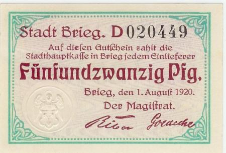 Brieg (heute: PL-Brzeg) - Stadt - 1.8.1920 - 25 Pfennig 
