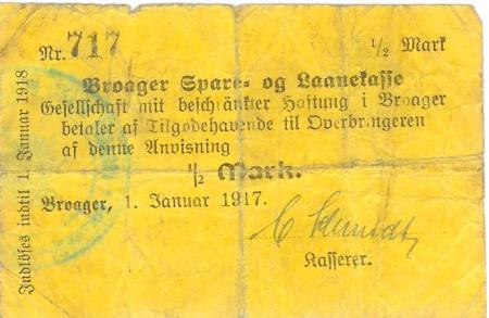 Broacker (heute: DK-Broager) - Spar- und Leihkasse GmbH - 1.1.1917 - 1/2 Mark 