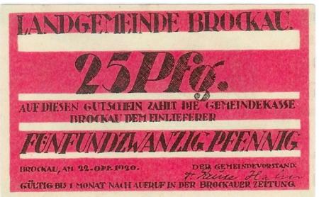 Brockau (heute: PL-Wroclaw-Krzyki) - Gemeinde - 22.10.1920 - 25 Pfennig 