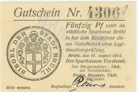 Brühl - Städtische Sparkasse - 14.8.1914 - 50 Pfennig 