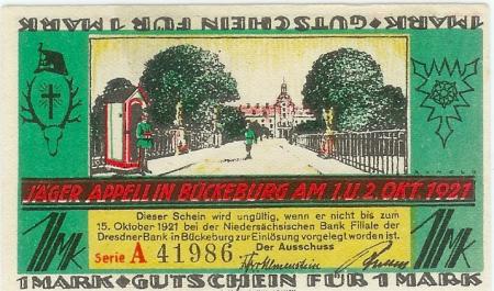 Bückeburg - Jäger-Appell Ausschuss - - 15.10.1921 - 1 Mark 