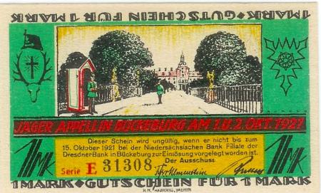 Bückeburg - Jäger-Appell Ausschuss - - 15.10.1921 - 1 Mark 