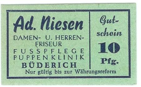 Büderich (heute: Meerbusch) - Niessen, Adam, Damen- und Herren-Friseur, Fußpflege, Puppenklinik - -- - 10 Pfennig 
