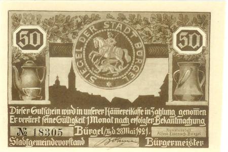 Bürgel - Stadt - 28.5.1921 - 50 Pfennig 