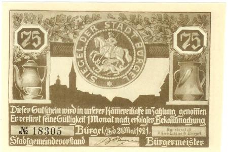 Bürgel - Stadt - 28.5.1921 - 75 Pfennig 