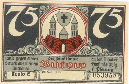 Bütow (heute: PL-Bytow) - Stadtbank - -- - 75 Pfennig 