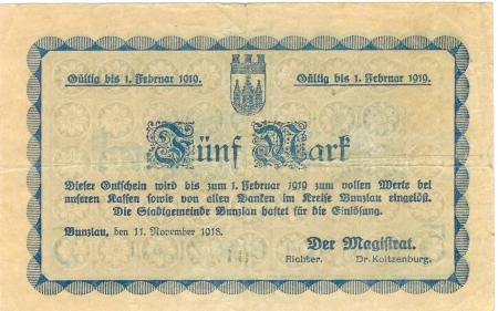 Bunzlau (heute: PL-Boleslawiec) - Stadt - 11.11.1918 - 1.2.1919 - 5 Mark 