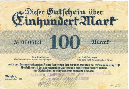 Bunzlau (heute: PL-Boleslawiec) - Kranz, August, & Söhne, Bunzlauer Dampfsägewerk und Holzhandlung - 6.9.1922 - 100 Mark 