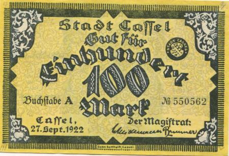 Cassel (heute: Kassel) - Stadt - 27.9.1922 - 100 Mark 