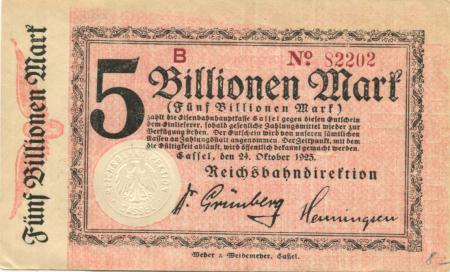 Cassel (heute: Kassel) - Reichsbahndirektion - 24.10.1923 - 5 Billionen Mark 