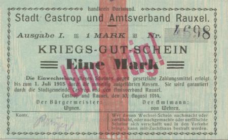 Castrop und Rauxel - Stadt Castrop und Amtsverband Rauxel - 10.8.1914 - 1.7.1915 - 1 Mark 