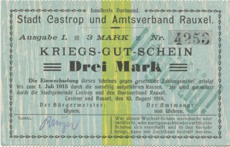 Castrop und Rauxel - Stadt Castrop und Amtsverband Rauxel - 10.8.1914 - 1.7.1915 - 3 Mark 