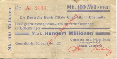 Chemnitz - Commerz- und Privat-Bank AG, Filiale Chemnitz - 30.9.1923 - 100 Millionen Mark 