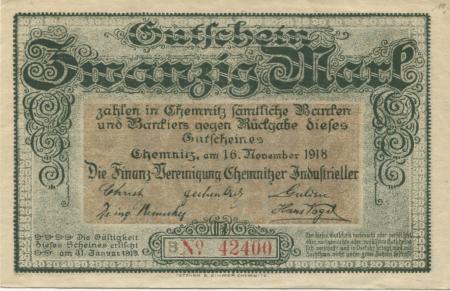 Chemnitz - Finanzvereinigung Chemnitzer Industrieller - 16.11.1918 - 31.1.1919 - 20 Mark 