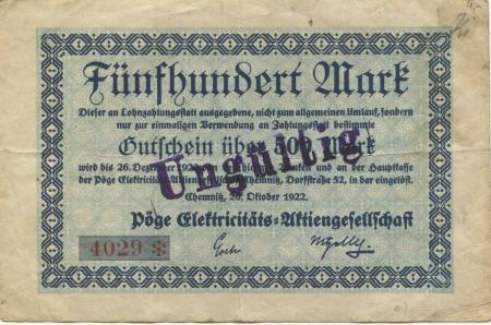 Chemnitz - Pöge Elektricitäts-AG, Dorfstr. 52 - 26.10.1922 - 26.12.1922 - 500 Mark 