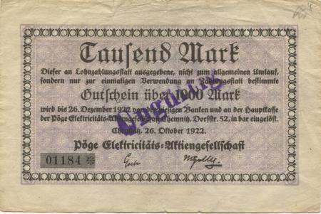Chemnitz - Pöge Elektricitäts-AG, Dorfstr. 52 - 26.10.1922 - 5.2.1923 - 1000 Mark 