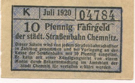 Chemnitz - Städtische Straßenbahn - Juli 1920 - 10 Pfennig 