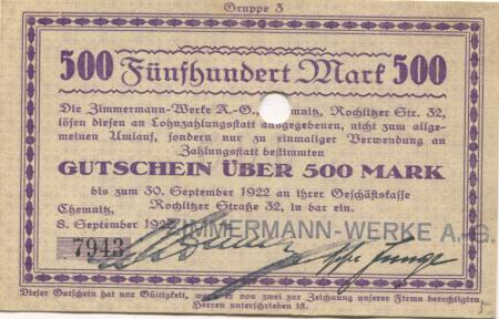 Chemnitz - Zimmermann-Werke AG, Rochlitzer Str. 32 - 8.9.1922 - 30.9.1922 - 500 Mark 
