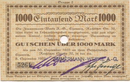 Chemnitz - Zimmermann-Werke AG, Rochlitzer Str. 32 - 8.9.1922 - 30.9.1922 - 1000 Mark 
