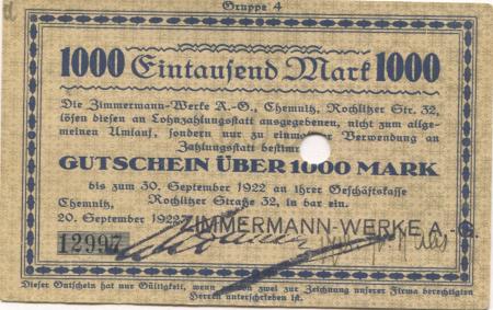 Chemnitz - Zimmermann-Werke AG, Rochlitzer Str. 32 - 20.9.1922 - 30.9.1922 - 1000 Mark 