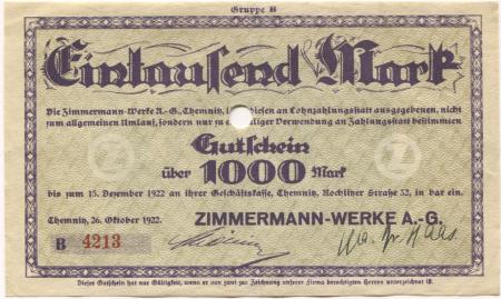 Chemnitz - Zimmermann-Werke AG, Rochlitzer Str. 32 - 26.10.1922 - 15.12.1922 - 1000 Mark 