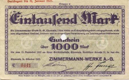 Chemnitz - Zimmermann-Werke AG, Rochlitzer Str. 32 - 26.10.1922 - 31.1.1923 - 1000 Mark 