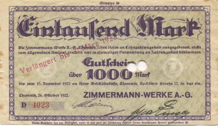 Chemnitz - Zimmermann-Werke AG, Rochlitzer Str. 32 - 26.10.1922 - 31.3.1923 - 1000 Mark 