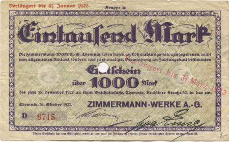 Chemnitz - Zimmermann-Werke AG, Rochlitzer Str. 32 - 26.10.1922 - 31.3.1923 - 1000 Mark 